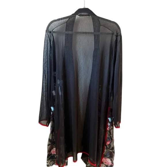Nextmia Black Sheer Embroidered Floral Duster Kimono Long Sz 24 Black Red Blue - Picture 3 of 7
